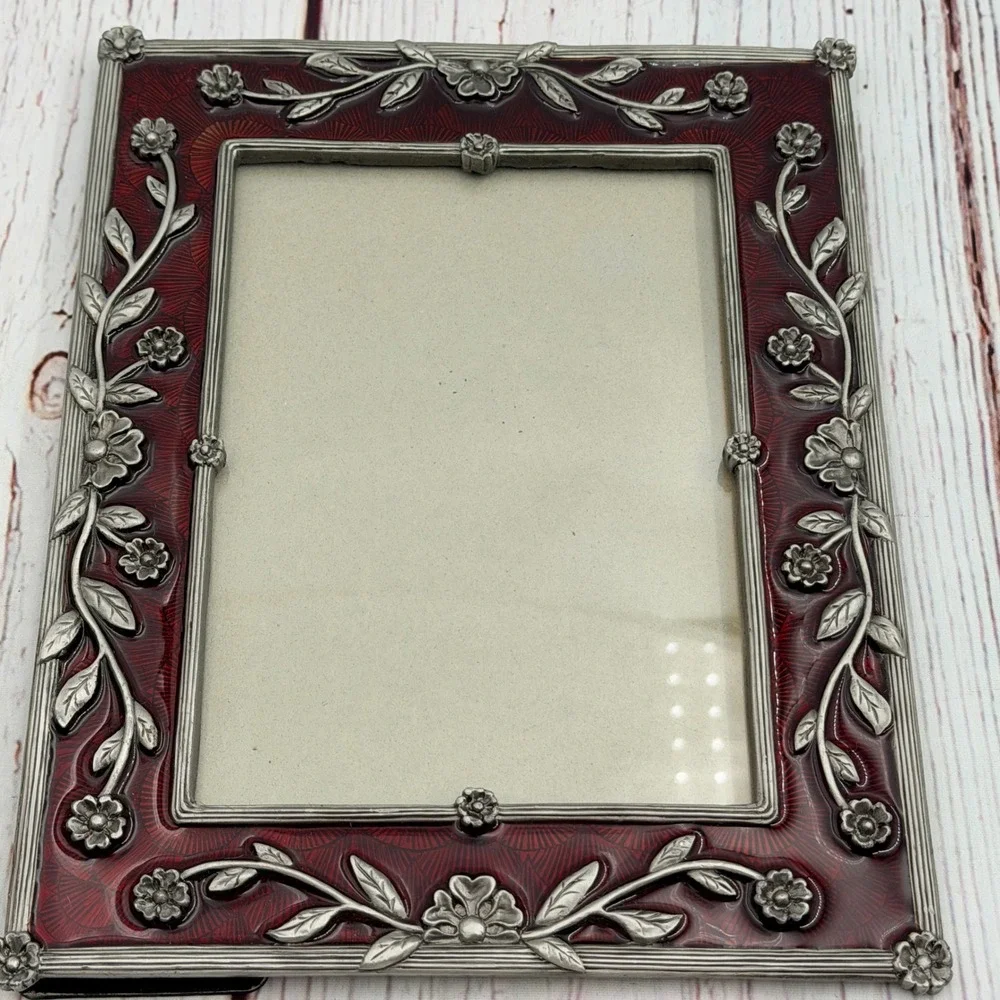 Vintage Style Red Enamel Floral Metal Picture Frame 5x7 Heavy Pewter Tone Ornate